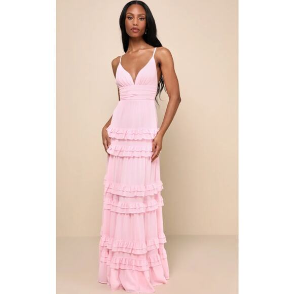 Lulus Lavish Perfection Ruffled Tiered Maxi Dress V-Neck Formal Gown, Light Pink - Picture 12 of 12
